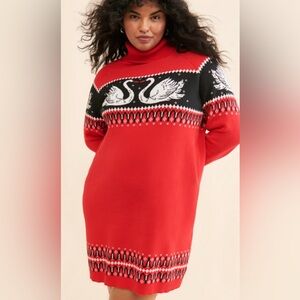 Anthropologie Rachael anotoff Red and Black Swan Turtleneck Sweater Dress